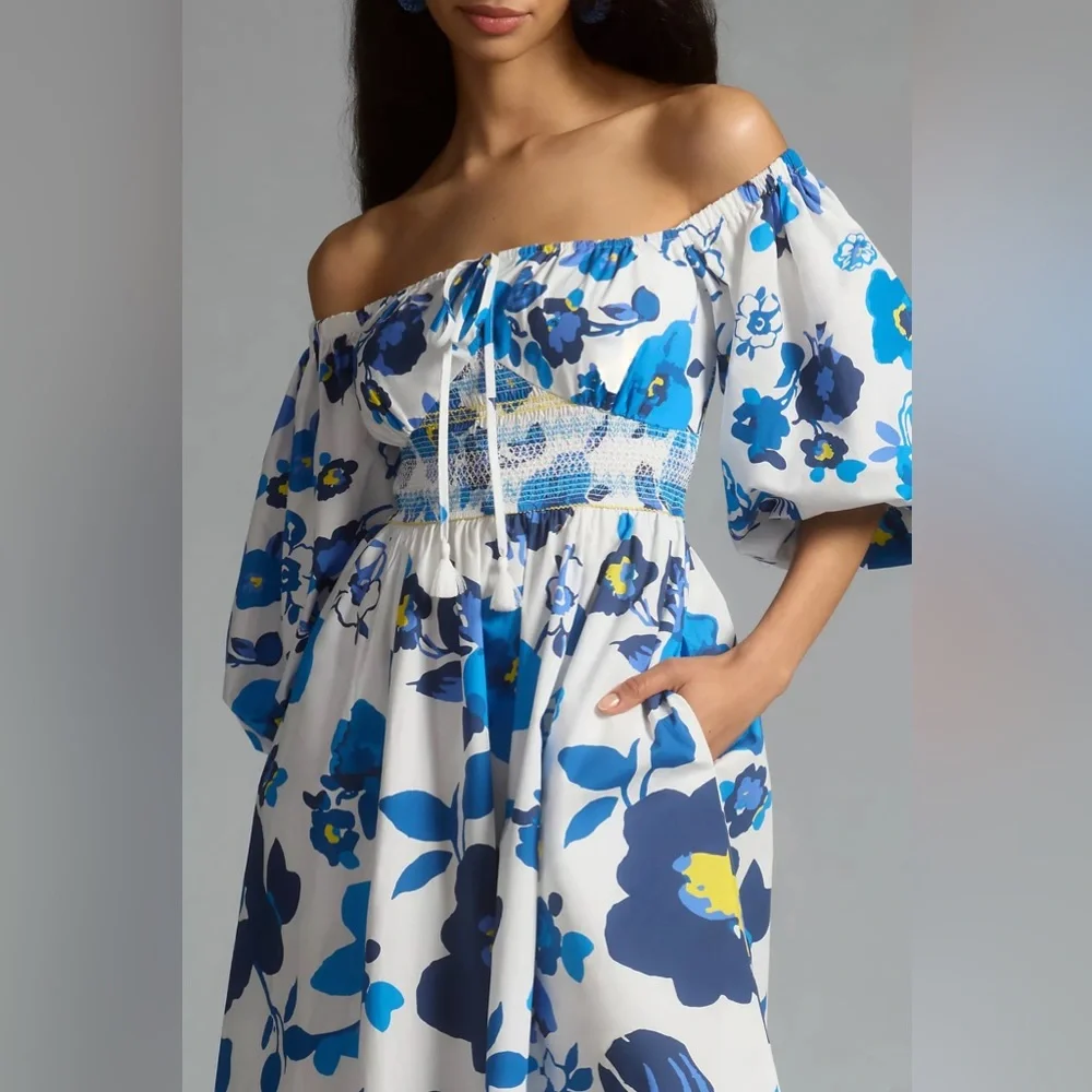 Plenty by Tracy Reese Off-The-Shoulder Puff-Sleeve Smocked Midi Dress - Picture 4 of 15